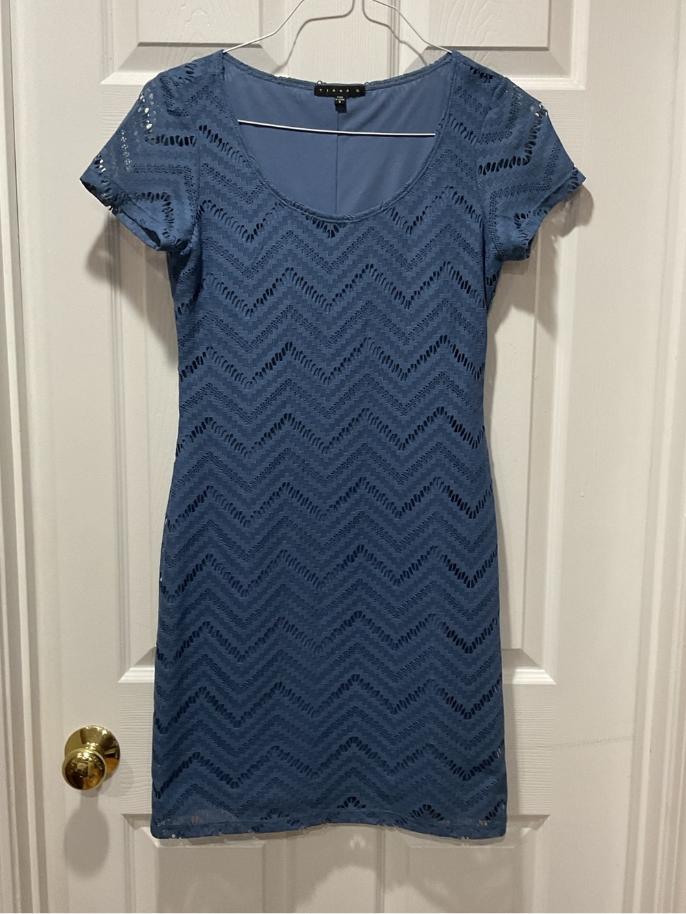 Tiana B. Blue Chevron Lace Short Sleeve Dress